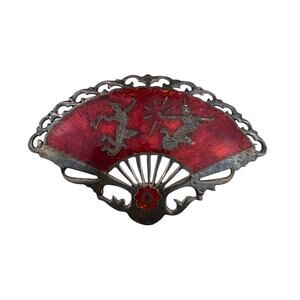 Siam Vintage Fan Red Enamel Sterling Silver Brooch